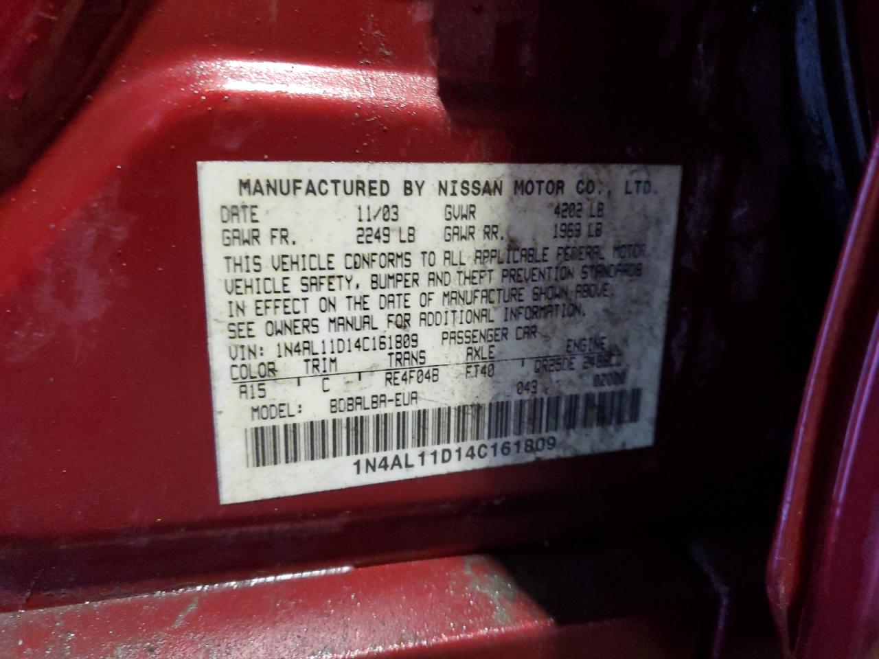 2004 Nissan Altima Base VIN: 1N4AL11D14C161809 Lot: 84279385