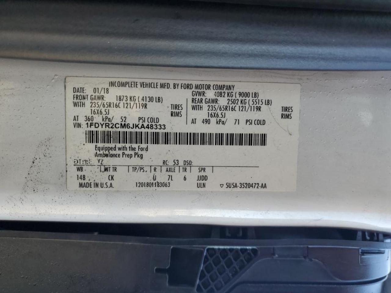 2018 Ford Transit Ambulance VIN: 1FDYR2CM6JKA48333 Lot: 86554925