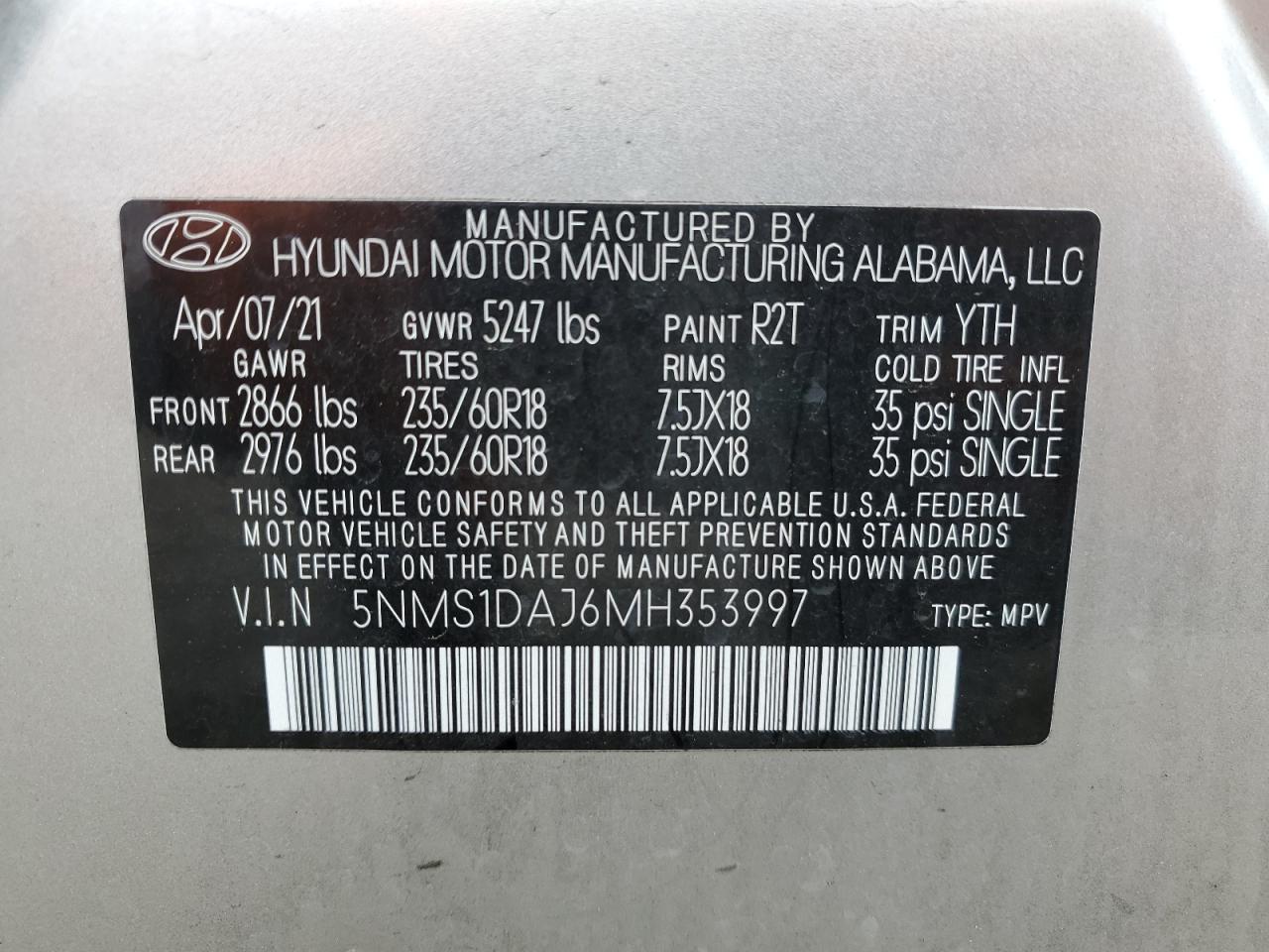 2021 Hyundai Santa Fe Se VIN: 5NMS1DAJ6MH353997 Lot: 85941415