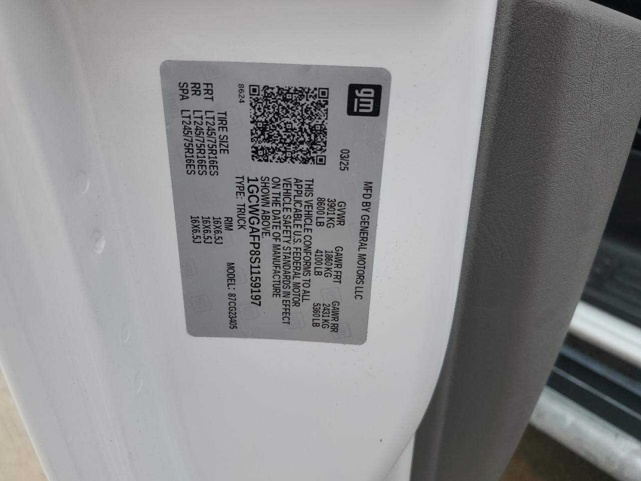 2025 Chevrolet Express G2500 VIN: 1GCWGAFP8S1159197 Lot: 85582315