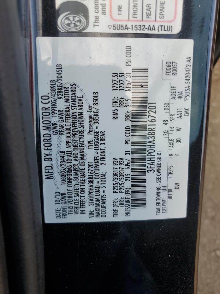 2011 Ford Fusion Se VIN: 3FAHP0HA3BR167201 Lot: 84893485