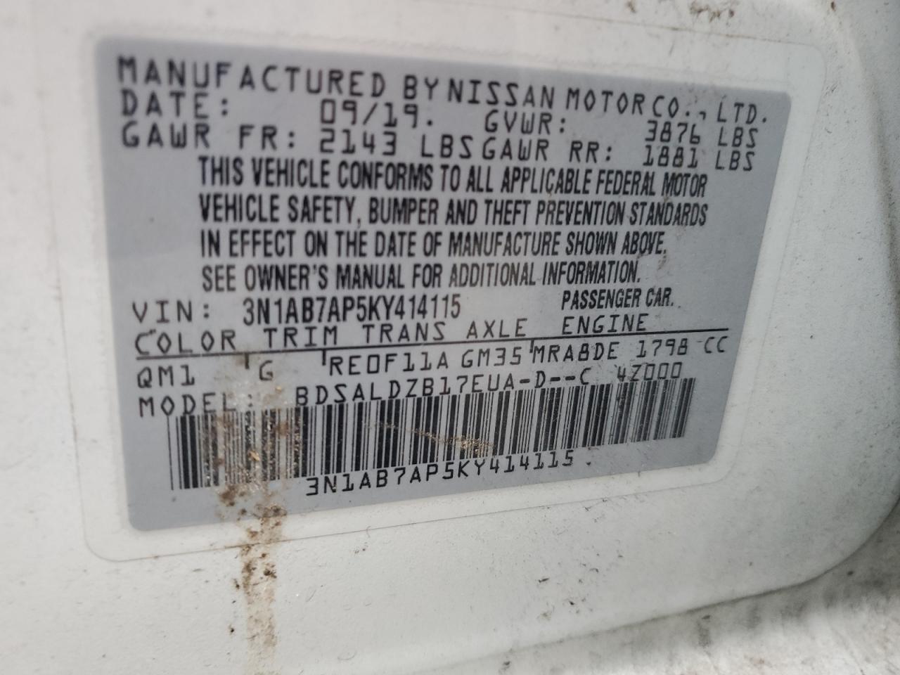 2019 Nissan Sentra S VIN: 3N1AB7AP5KY414115 Lot: 82317135