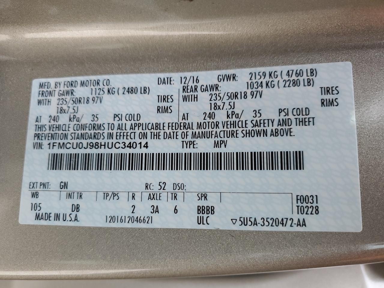 2017 Ford Escape Titanium VIN: 1FMCU0J98HUC34014 Lot: 90490615