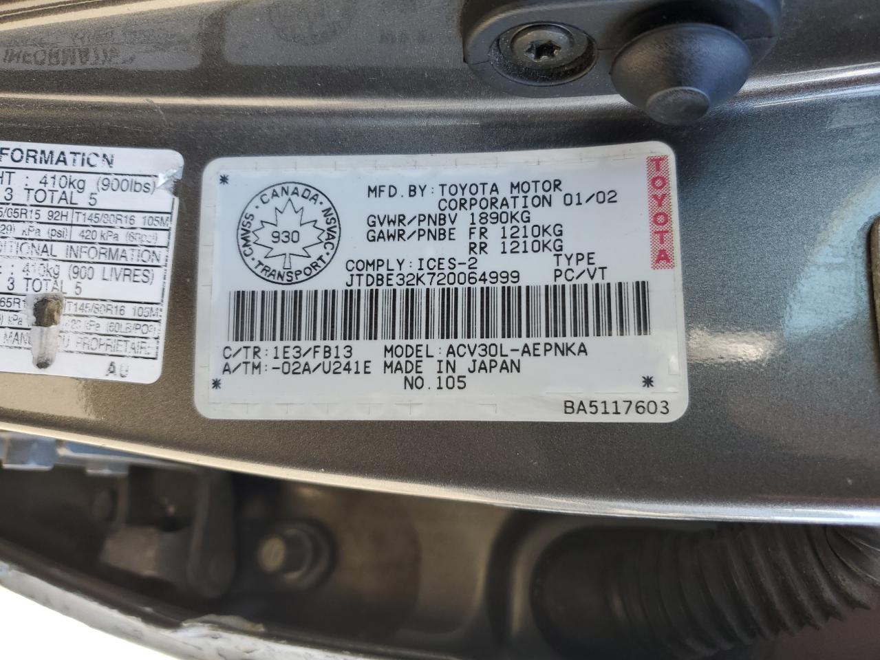 2002 Toyota Camry Le VIN: JTDBE32K720064999 Lot: 82199375