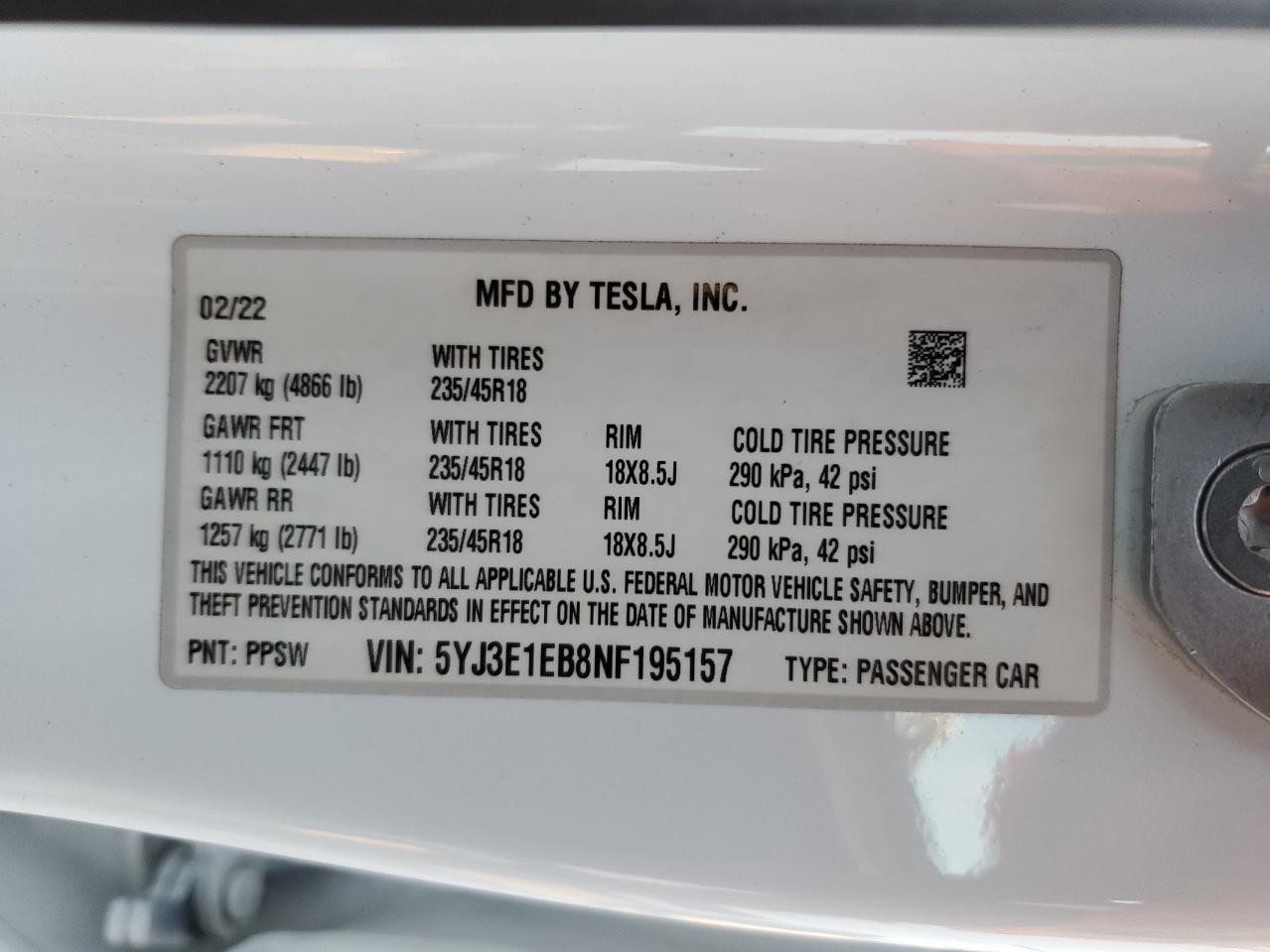 2022 Tesla Model 3 VIN: 5YJ3E1EB8NF195157 Lot: 89849315