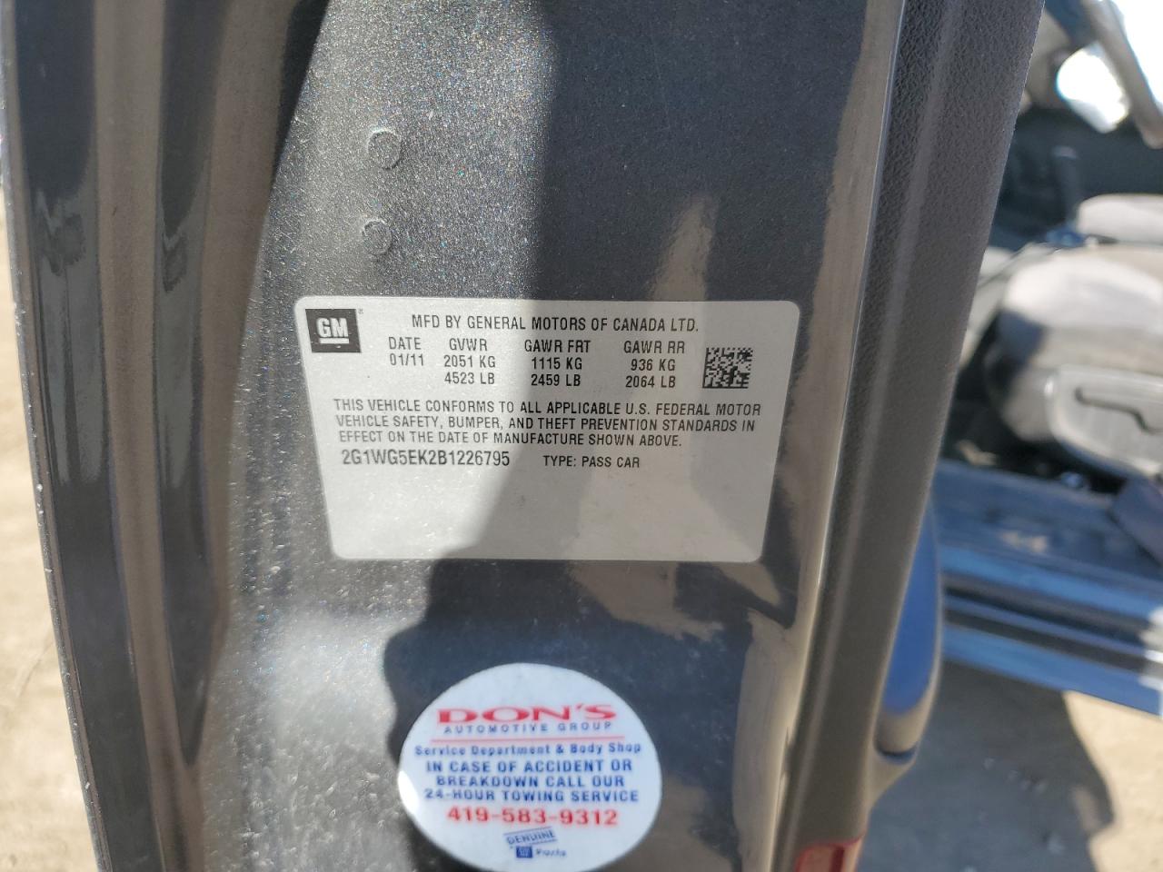 2011 Chevrolet Impala Lt VIN: 2G1WG5EK2B1226795 Lot: 85259925