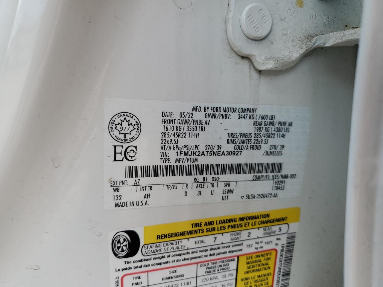 2022 Ford Expedition Max Limited VIN: 1FMJK2AT5NEA30927 Lot: 85556295