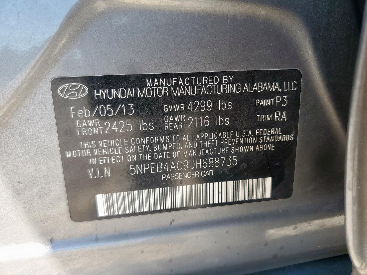 2013 Hyundai Sonata Gls VIN: 5NPEB4AC9DH688735 Lot: 86695605