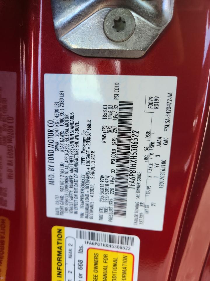 2017 Ford Mustang VIN: 1FA6P8THXH5306522 Lot: 89694725