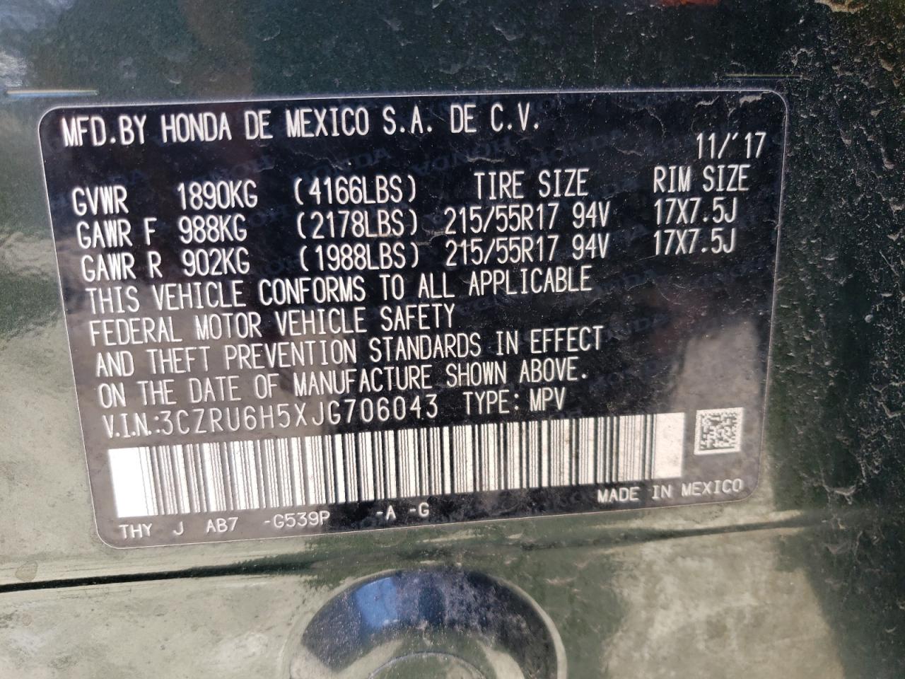 2018 Honda Hr-V Ex VIN: 3CZRU6H5XJG706043 Lot: 85558045