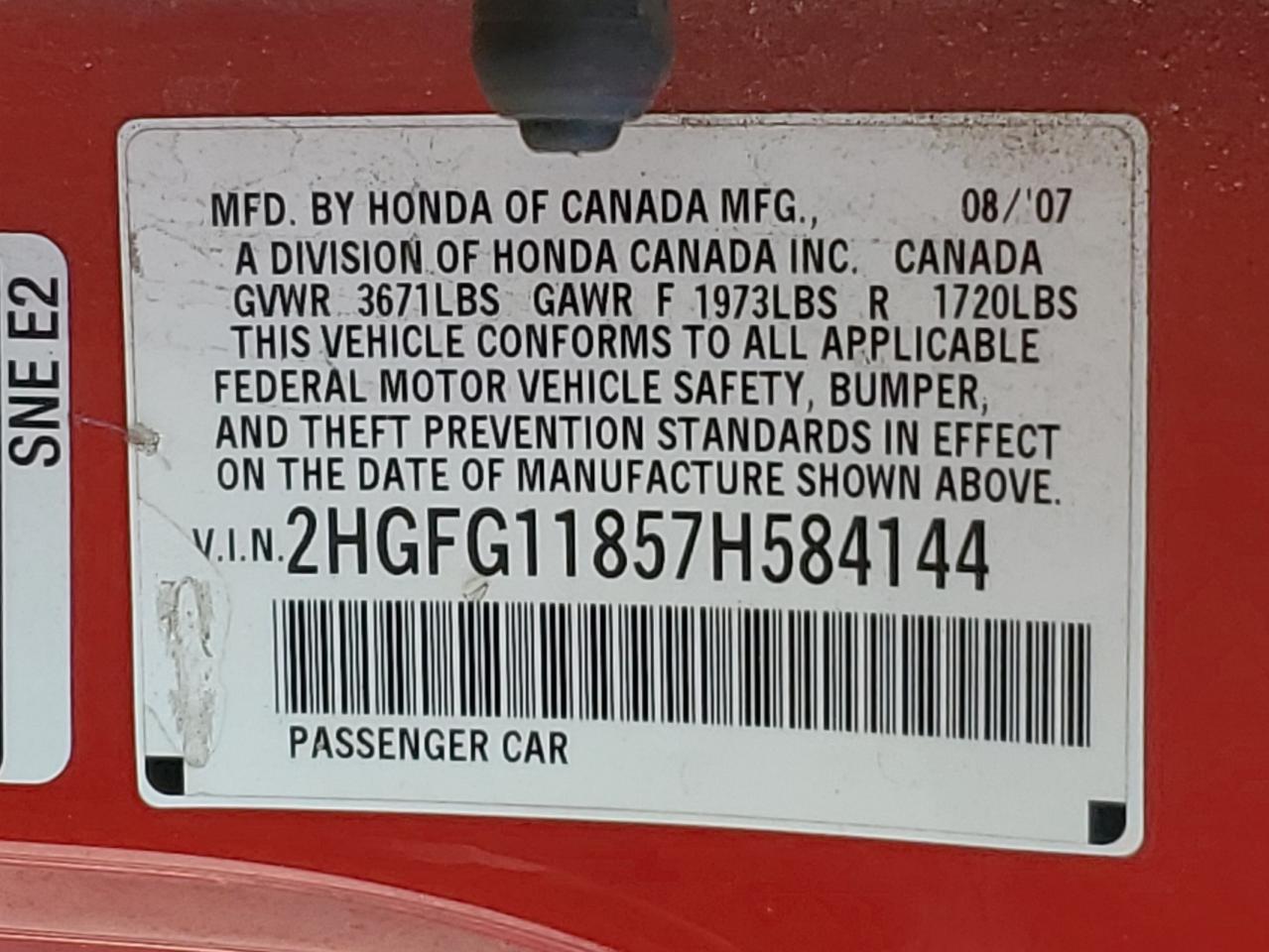 2007 Honda Civic Ex VIN: 2HGFG11857H584144 Lot: 86333405