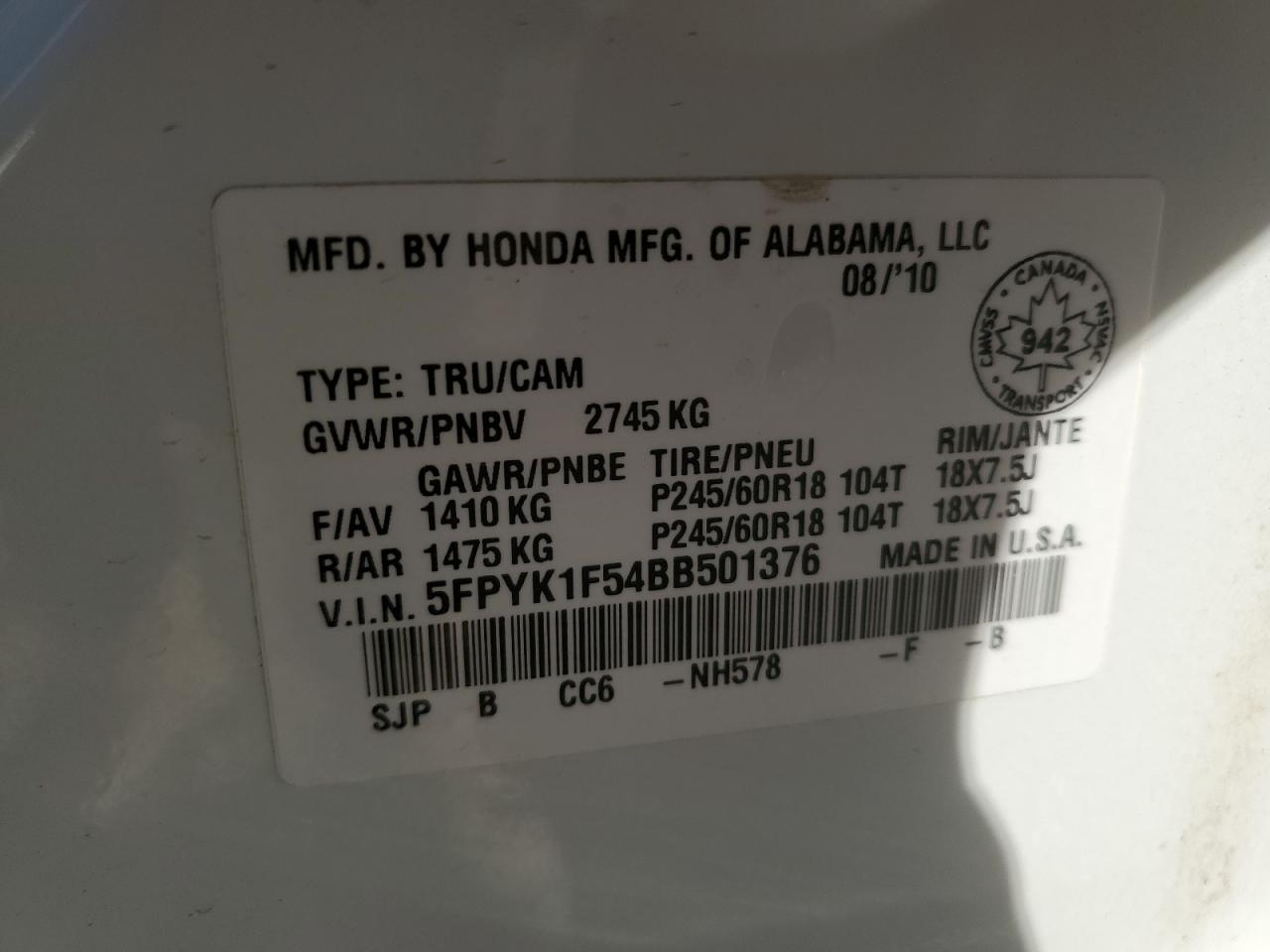 2011 Honda Ridgeline Rtl VIN: 5FPYK1F54BB501376 Lot: 85000905