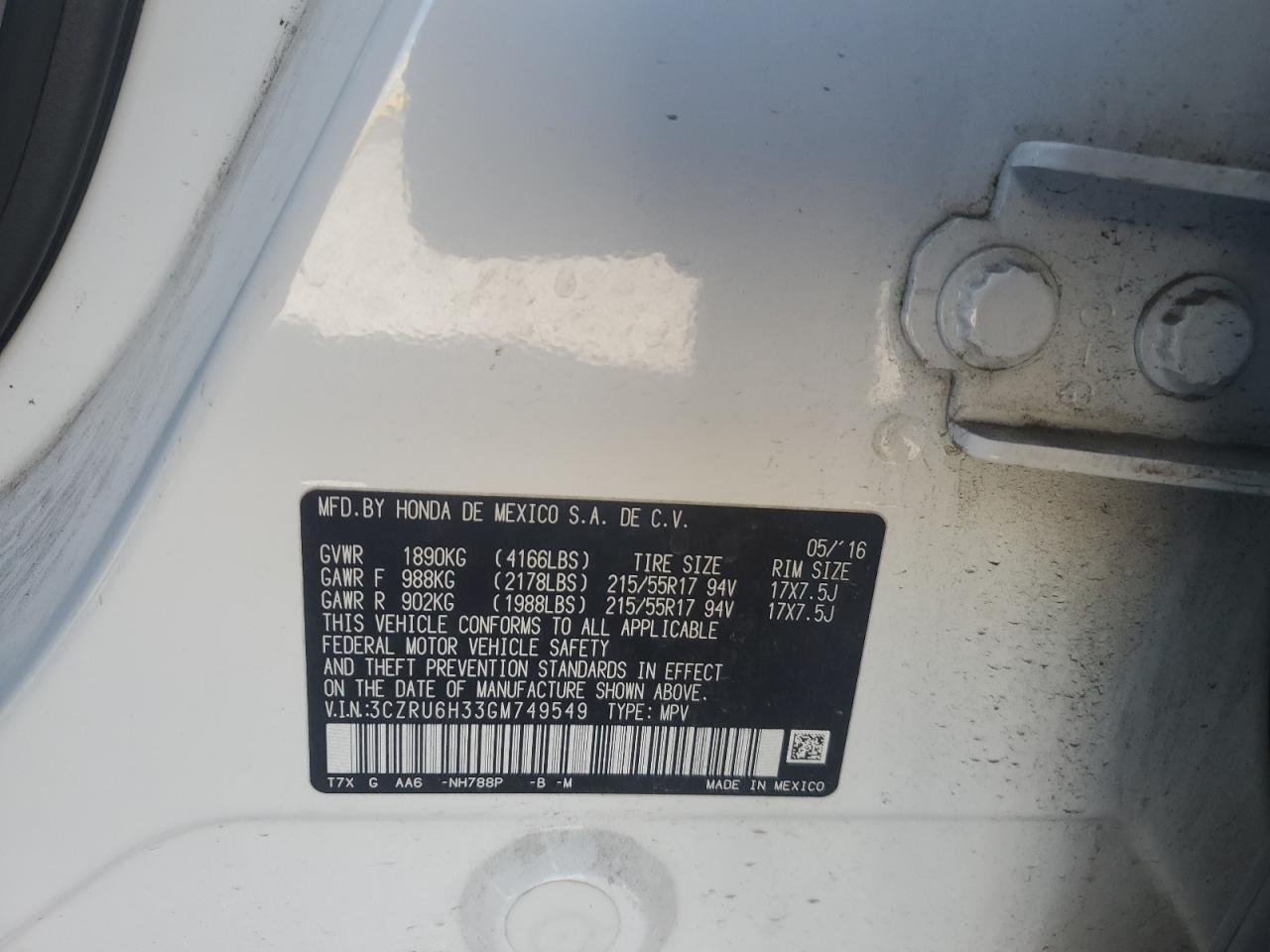 2016 Honda Hr-V Lx VIN: 3CZRU6H33GM749549 Lot: 85585305