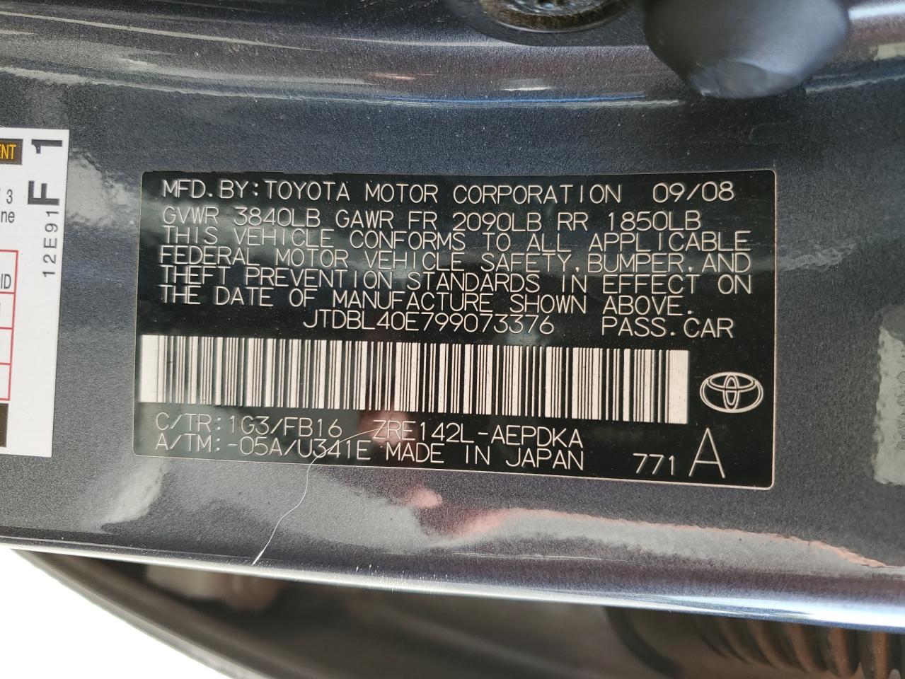 2009 Toyota Corolla Base VIN: JTDBL40E799073376 Lot: 86481215