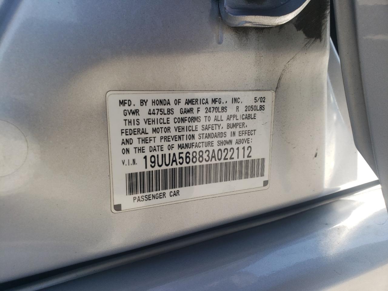 2003 Acura 3.2Tl Type-S VIN: 19UUA56883A022112 Lot: 85652715