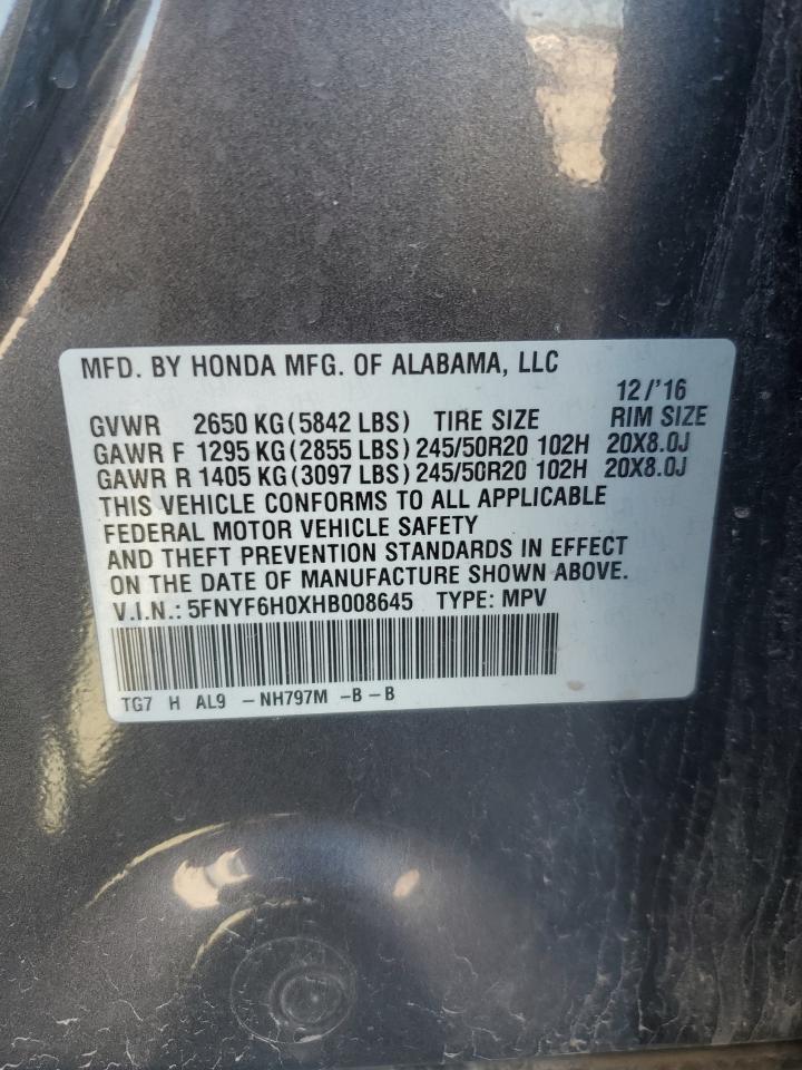 2017 Honda Pilot Elite VIN: 5FNYF6H0XHB008645 Lot: 86489445