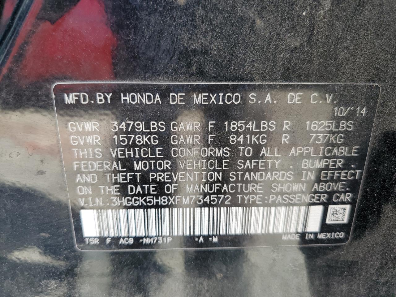 2015 Honda Fit Ex VIN: 3HGGK5H8XFM734572 Lot: 85664925