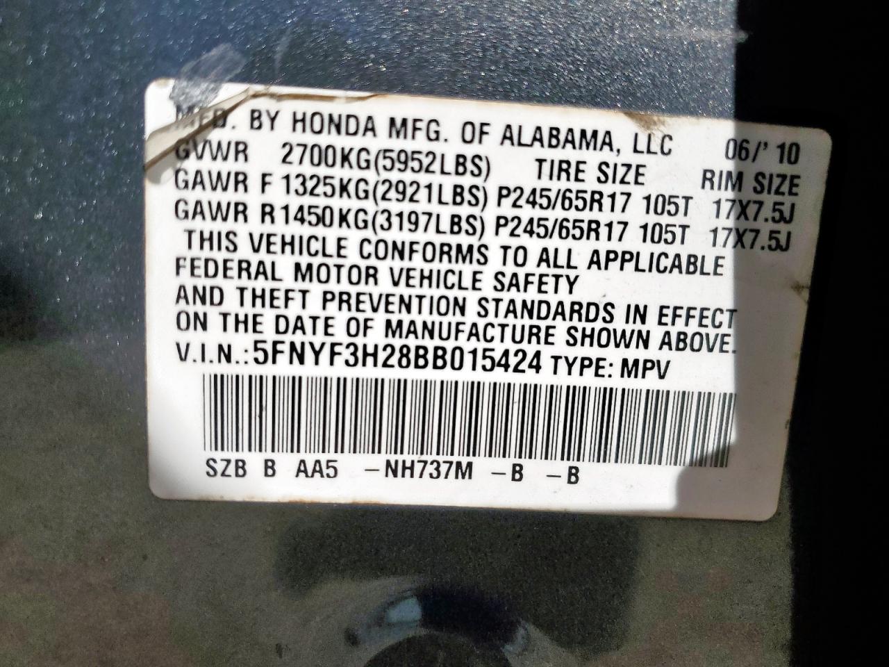 2011 Honda Pilot Lx VIN: 5FNYF3H28BB015424 Lot: 90488005