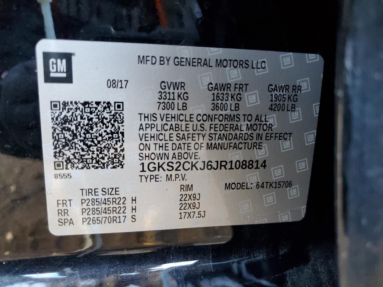 2018 GMC Yukon Denali VIN: 1GKS2CKJ6JR108814 Lot: 87283775