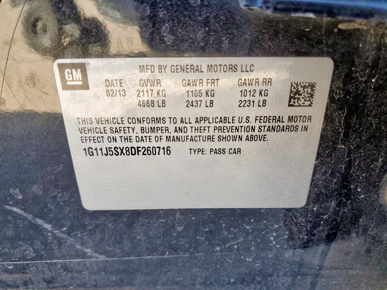 2013 Chevrolet Malibu Ltz VIN: 1G11J5SX8DF260716 Lot: 84597955