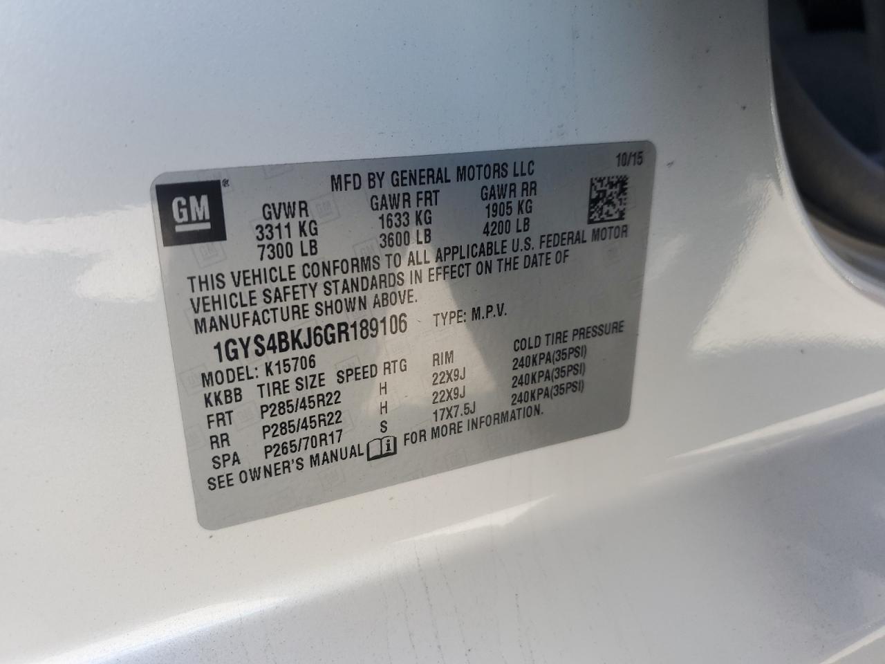 2016 Cadillac Escalade Luxury VIN: 1GYS4BKJ6GR189106 Lot: 86141805