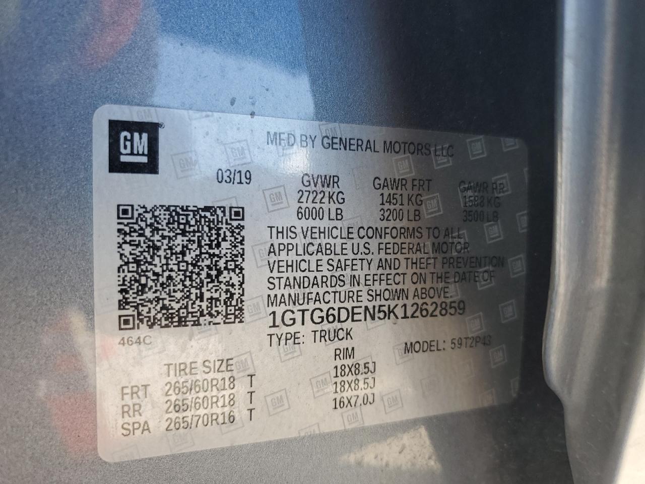 2019 GMC Canyon Slt VIN: 1GTG6DEN5K1262859 Lot: 86595265