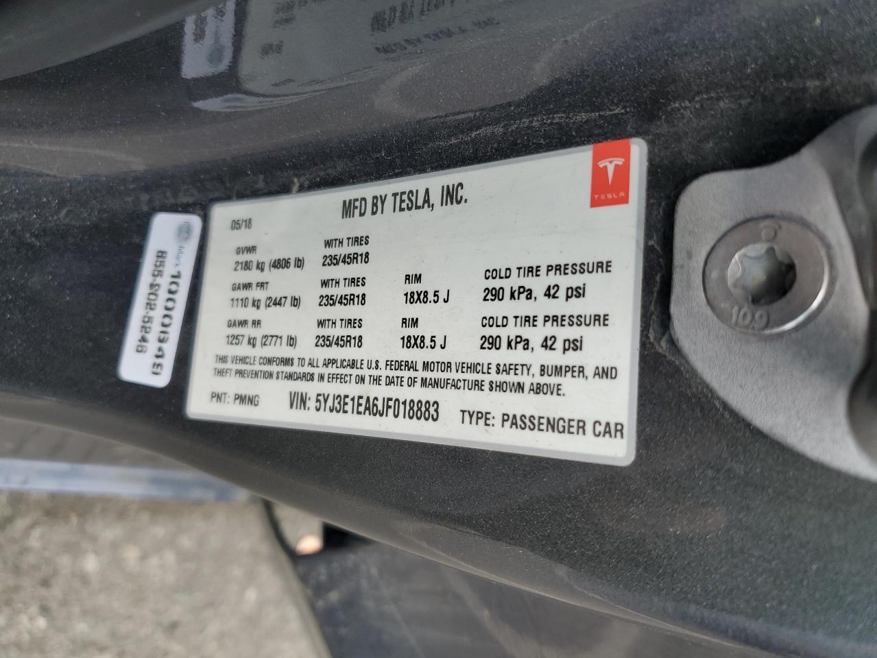 2018 Tesla Model 3 VIN: 5YJ3E1EA6JF018883 Lot: 85374225