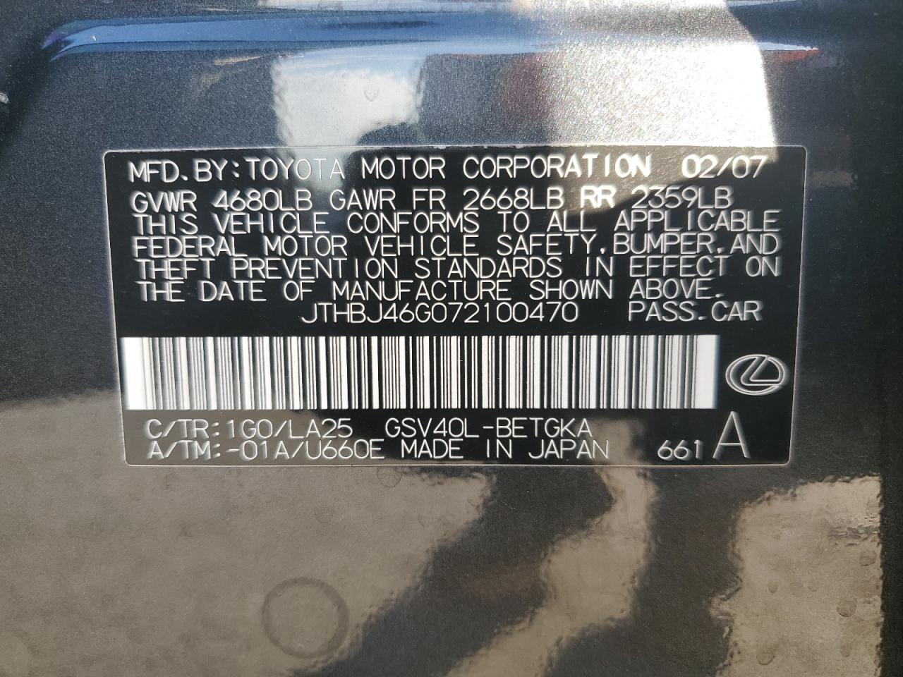 2007 Lexus Es 350 VIN: JTHBJ46G072100470 Lot: 84721875