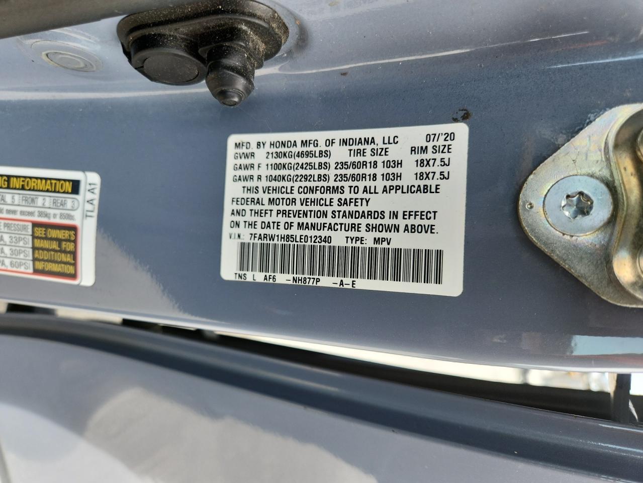 2020 Honda Cr-V Exl VIN: 7FARW1H85LE012340 Lot: 87458905