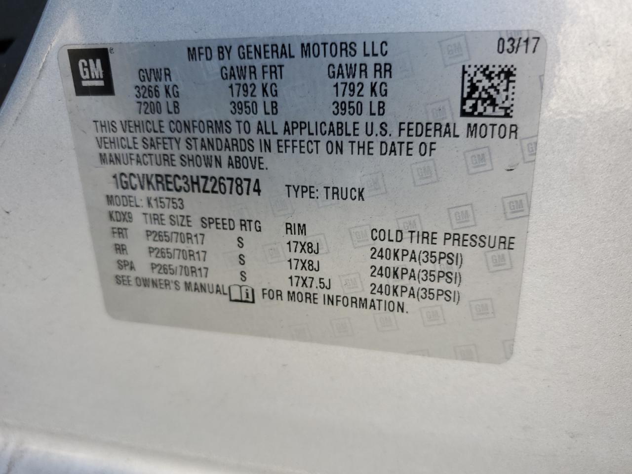 2017 Chevrolet Silverado K1500 Lt VIN: 1GCVKREC3HZ267874 Lot: 82183315