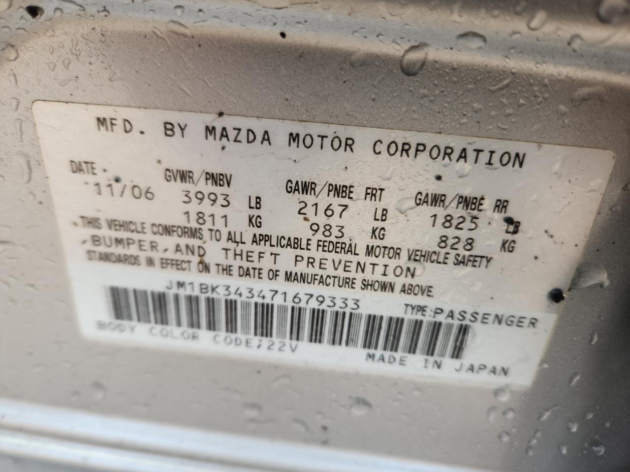 2007 Mazda 3 Hatchback VIN: JM1BK343471679333 Lot: 90802725