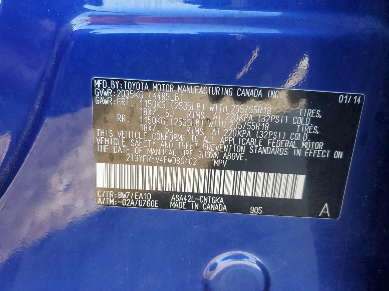 2014 Toyota Rav4 Limited VIN: 2T3YFREV4EW080402 Lot: 85125685