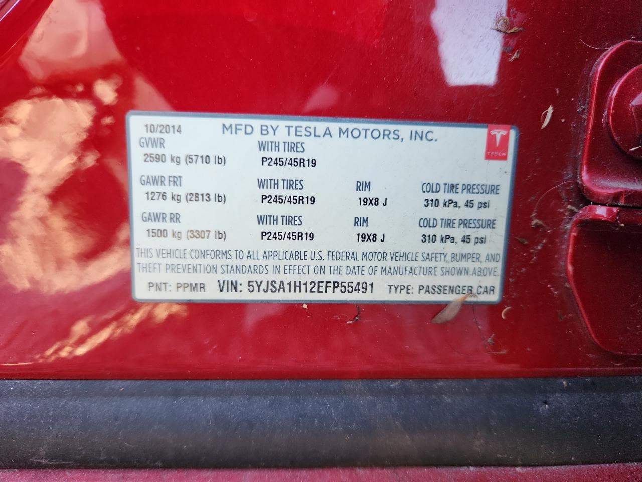 2014 Tesla Model S VIN: 5YJSA1H12EFP55491 Lot: 87484725