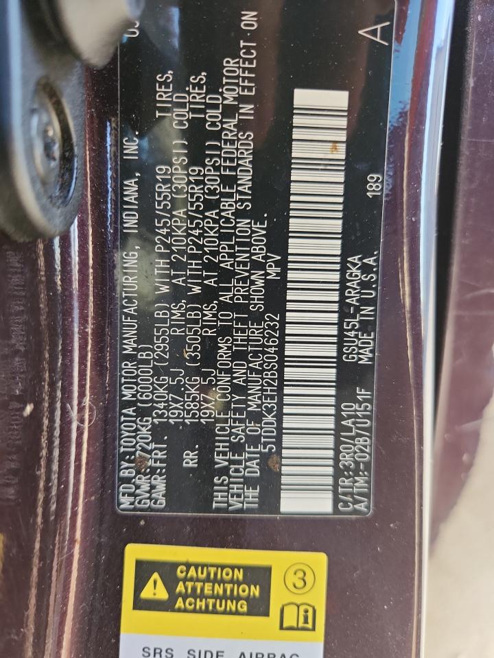 2011 Toyota Highlander Limited VIN: 5TDDK3EH2BS046232 Lot: 86311745