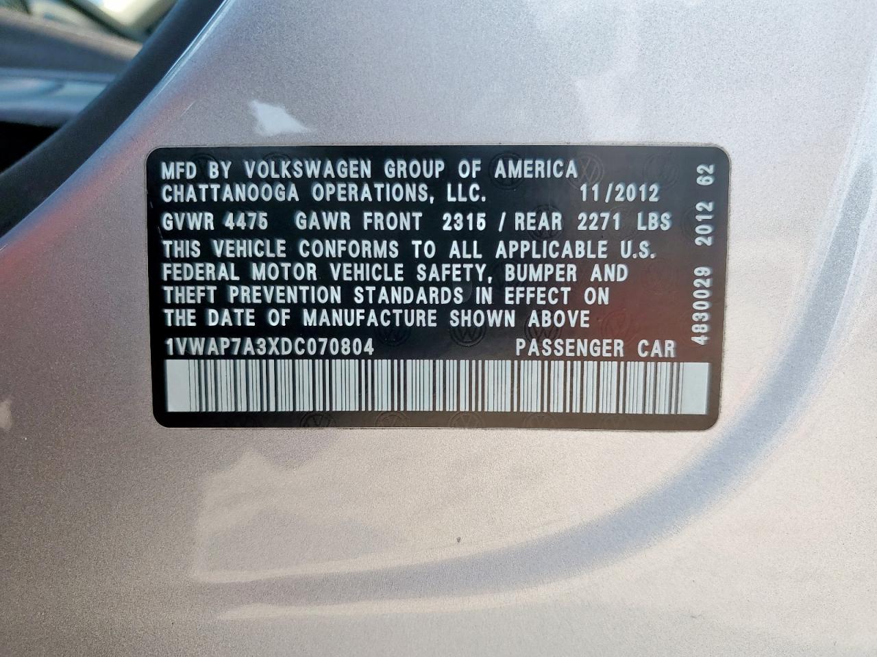 2013 Volkswagen Passat S VIN: 1VWAP7A3XDC070804 Lot: 81911955