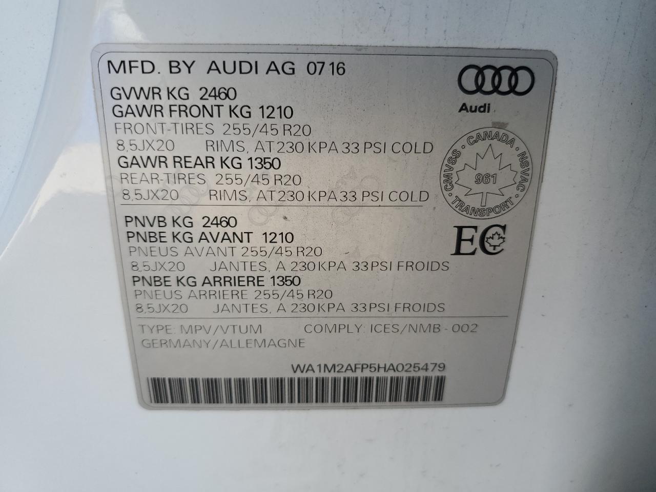 2017 Audi Q5 Premium Plus VIN: WA1M2AFP5HA025479 Lot: 85132015