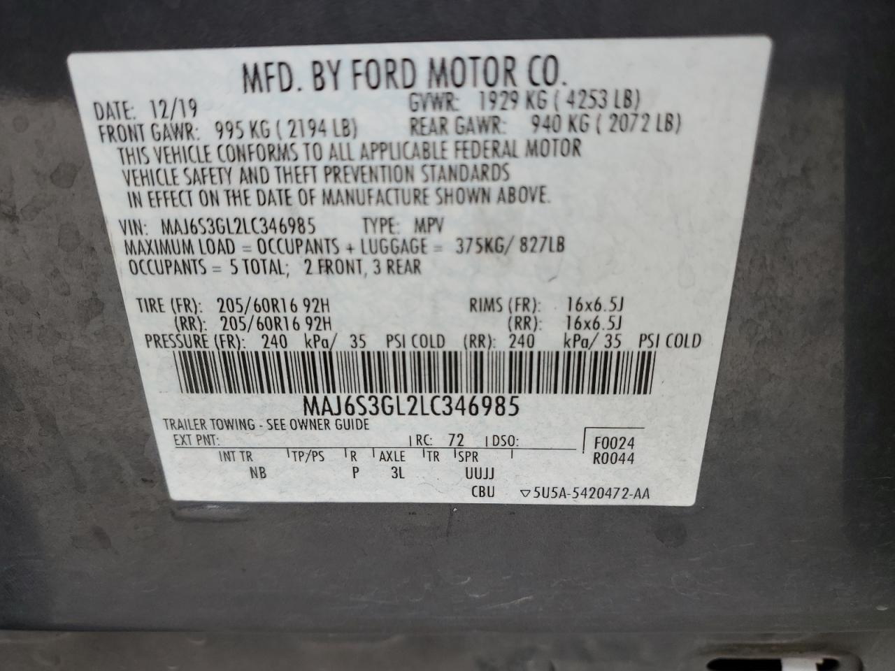 2020 Ford Ecosport Se VIN: MAJ6S3GL2LC346985 Lot: 89516725