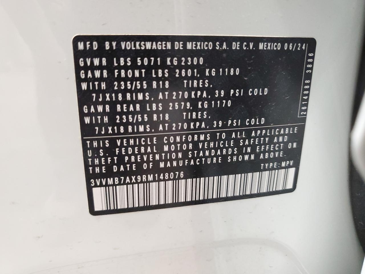 2024 Volkswagen Tiguan Se VIN: 3VVMB7AX9RM148076 Lot: 84776845