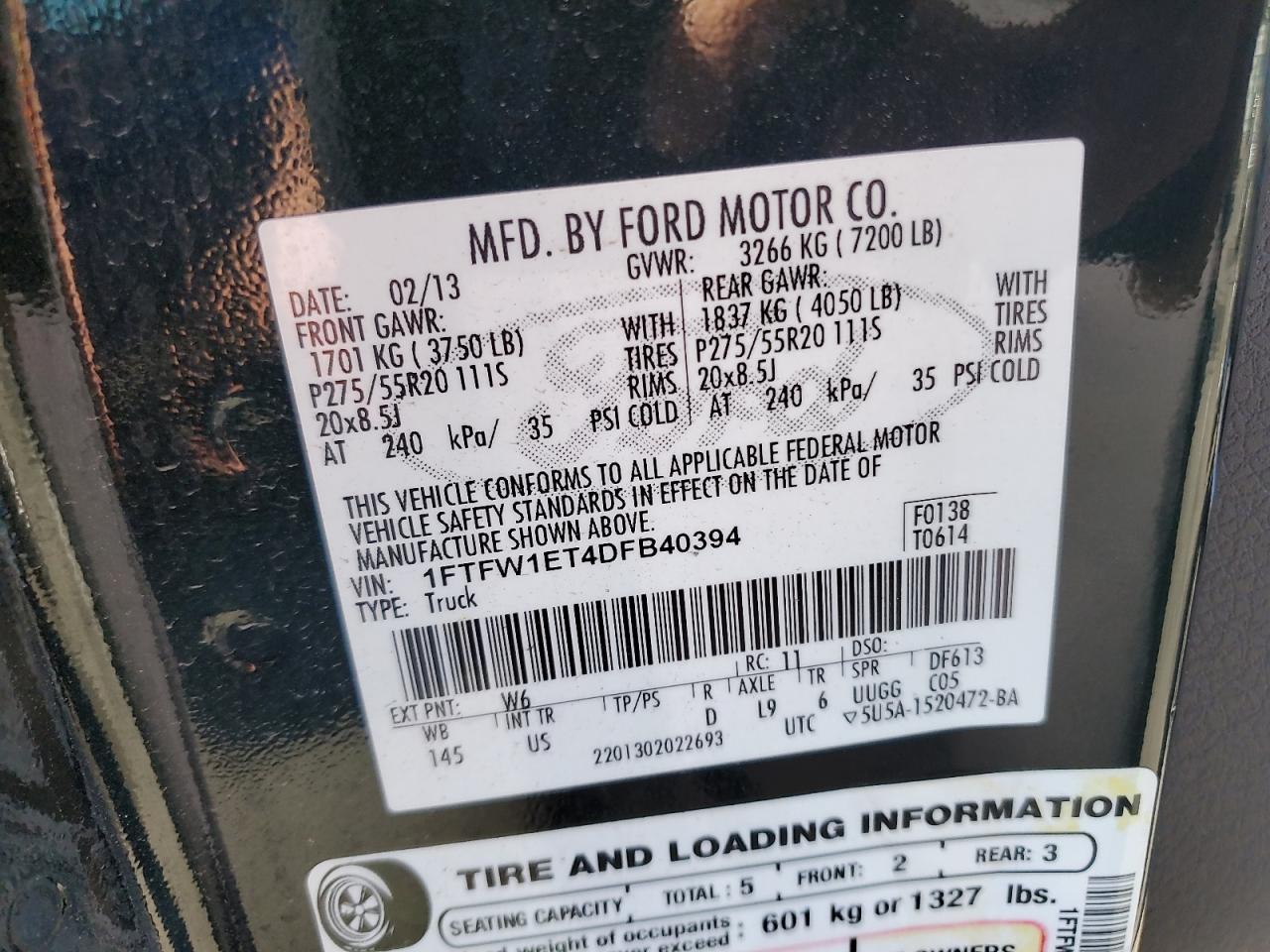 2013 Ford F150 Supercrew VIN: 1FTFW1ET4DFB40394 Lot: 84912245