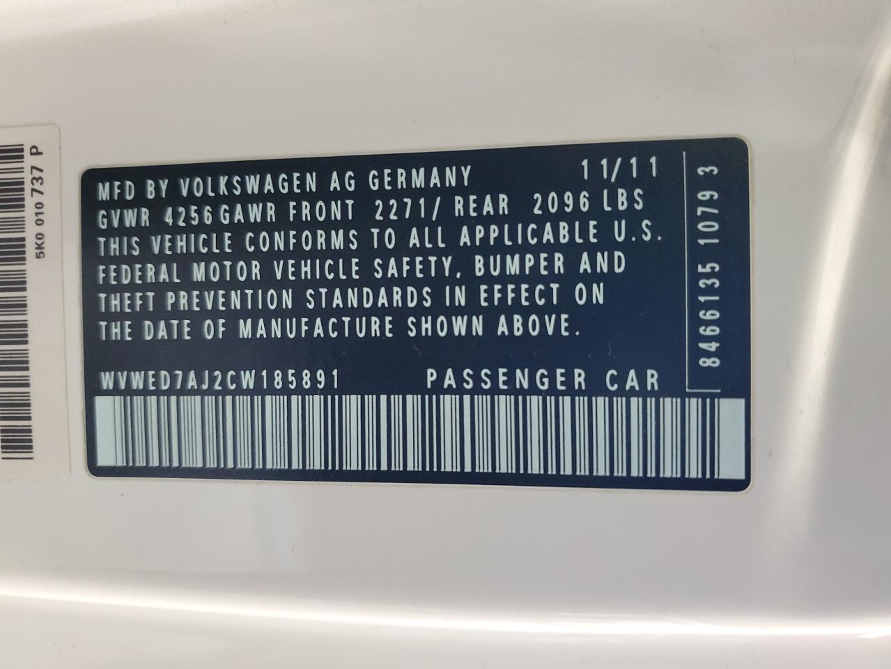 2012 Volkswagen Gti VIN: WVWED7AJ2CW185891 Lot: 85303945