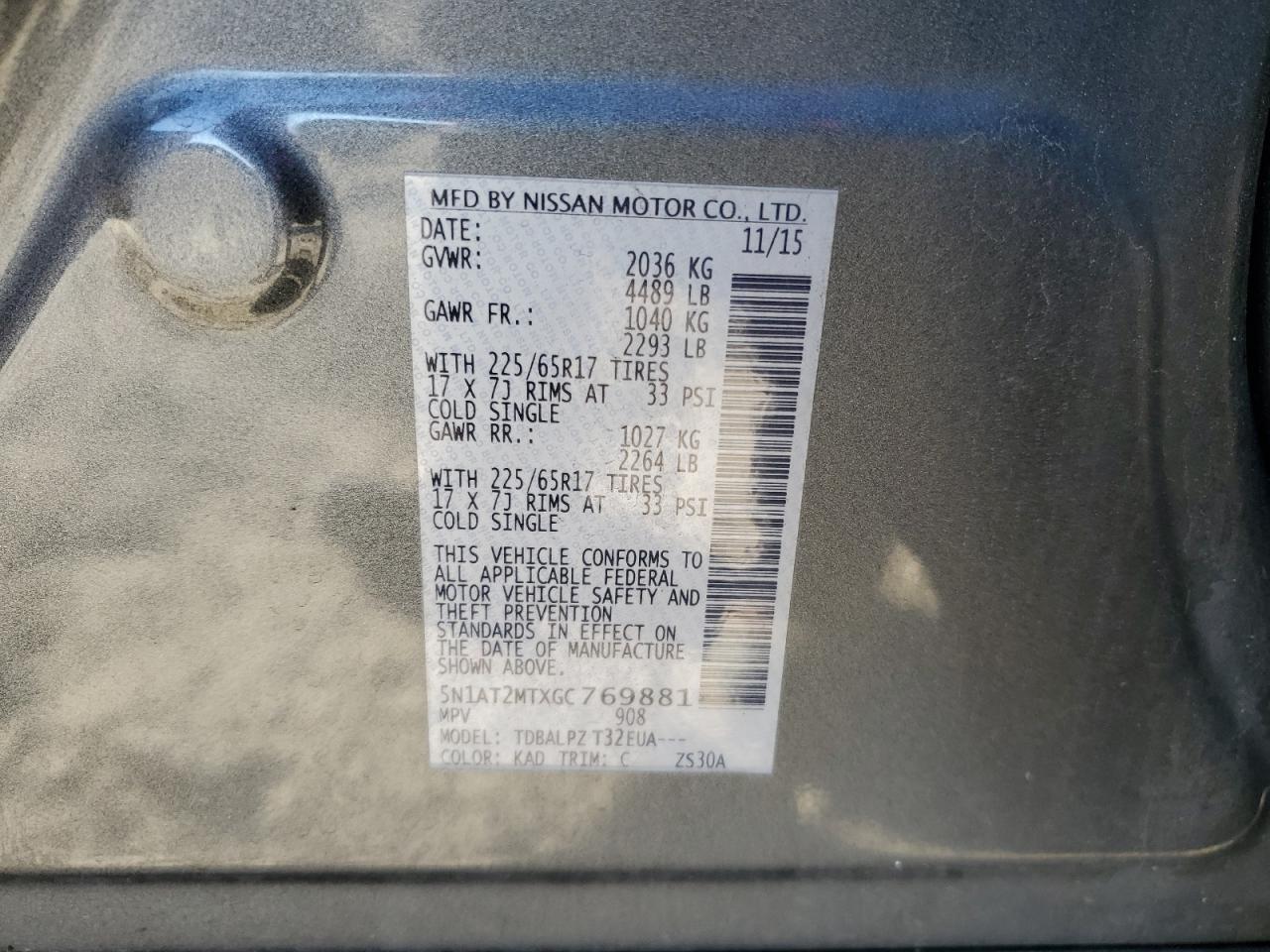 2016 Nissan Rogue S VIN: 5N1AT2MTXGC769881 Lot: 85765955