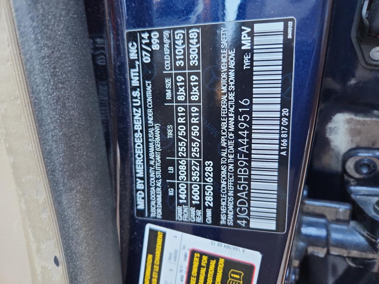 2015 Mercedes-Benz Ml 350 4Matic VIN: 4JGDA5HB9FA449516 Lot: 89521895