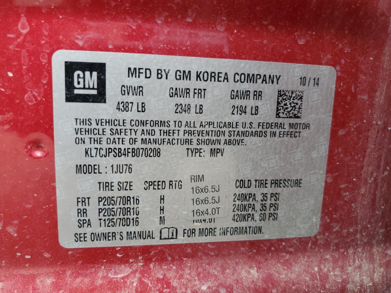 2015 Chevrolet Trax 1Ls VIN: KL7CJPSB4FB070208 Lot: 82284935