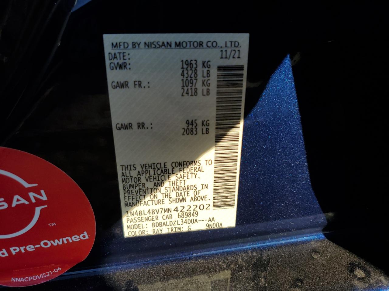 2021 Nissan Altima S VIN: 1N4BL4BV7MN422202 Lot: 81985055