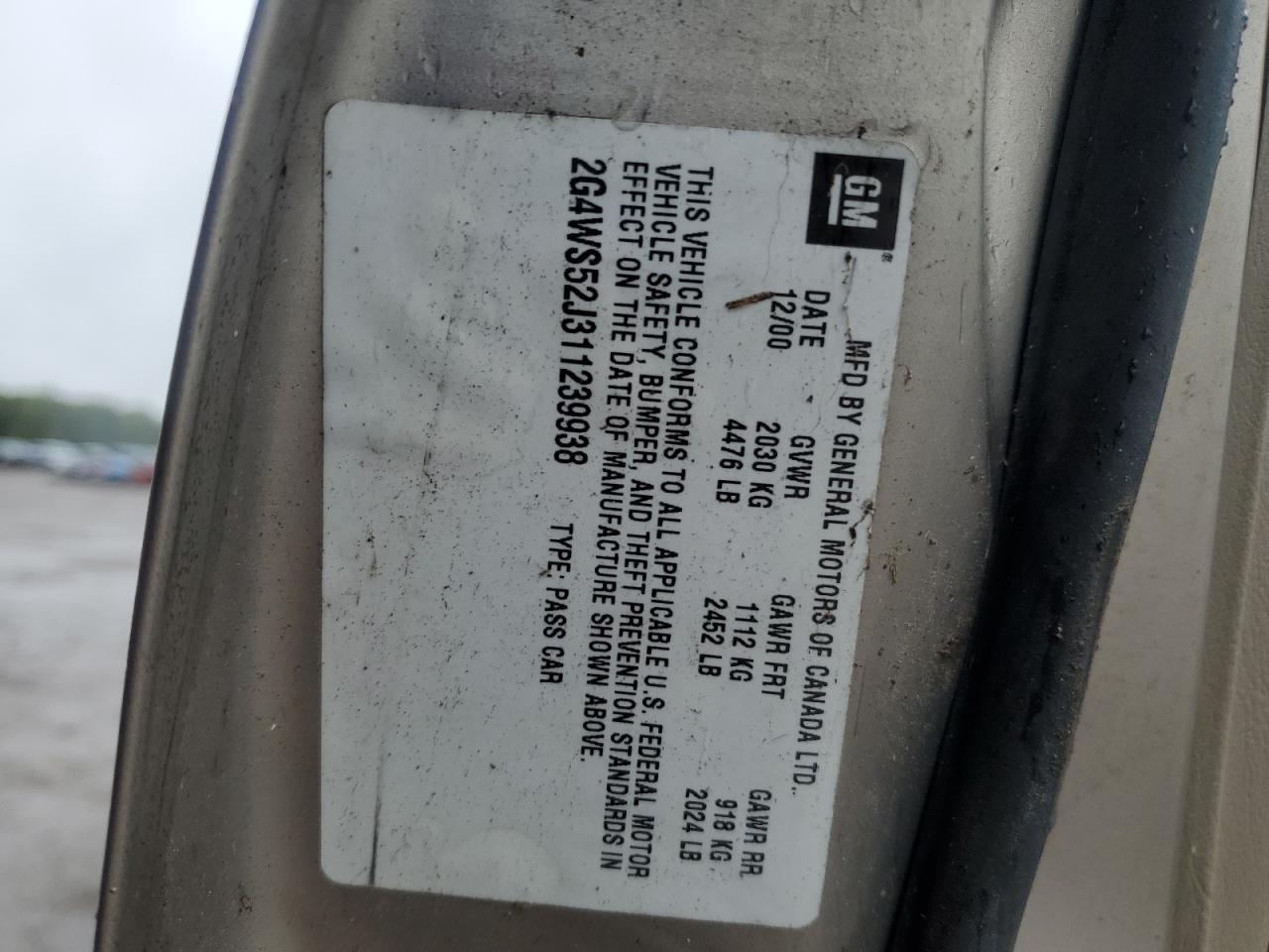 2001 Buick Century Custom VIN: 2G4WS52J311239938 Lot: 85758485