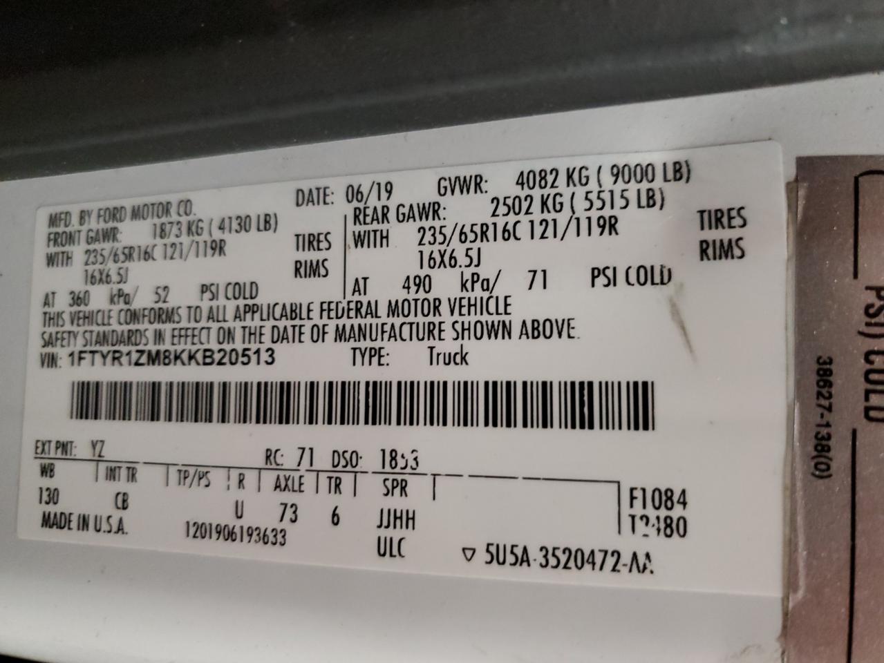 2019 Ford Transit T-250 VIN: 1FTYR1ZM8KKB20513 Lot: 82219515