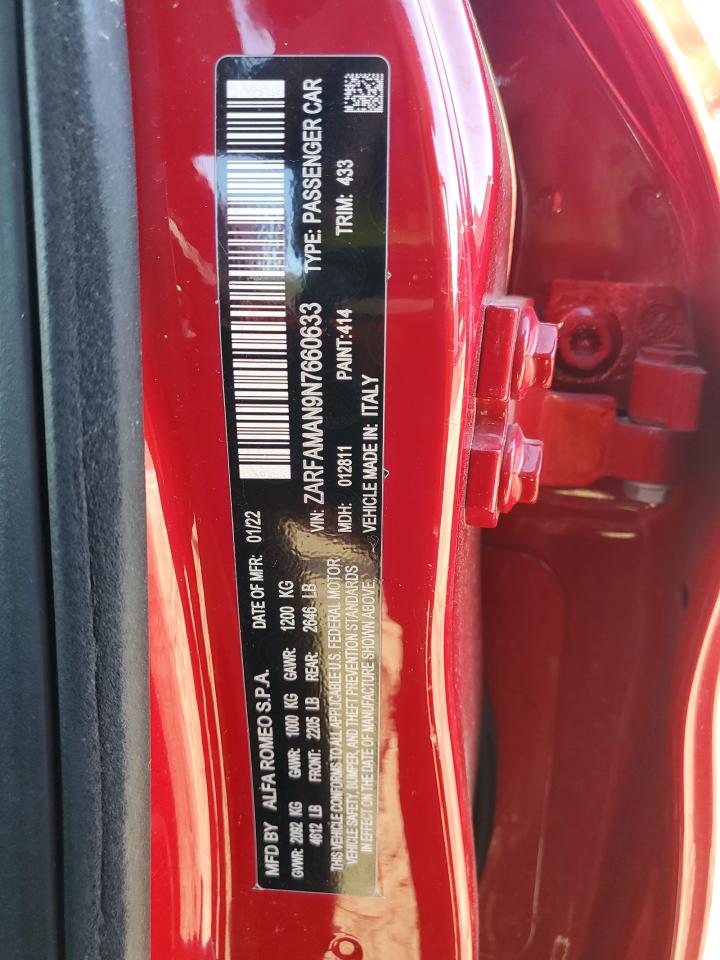 2022 Alfa Romeo Giulia VIN: ZARFAMAN9N7660633 Lot: 90474725