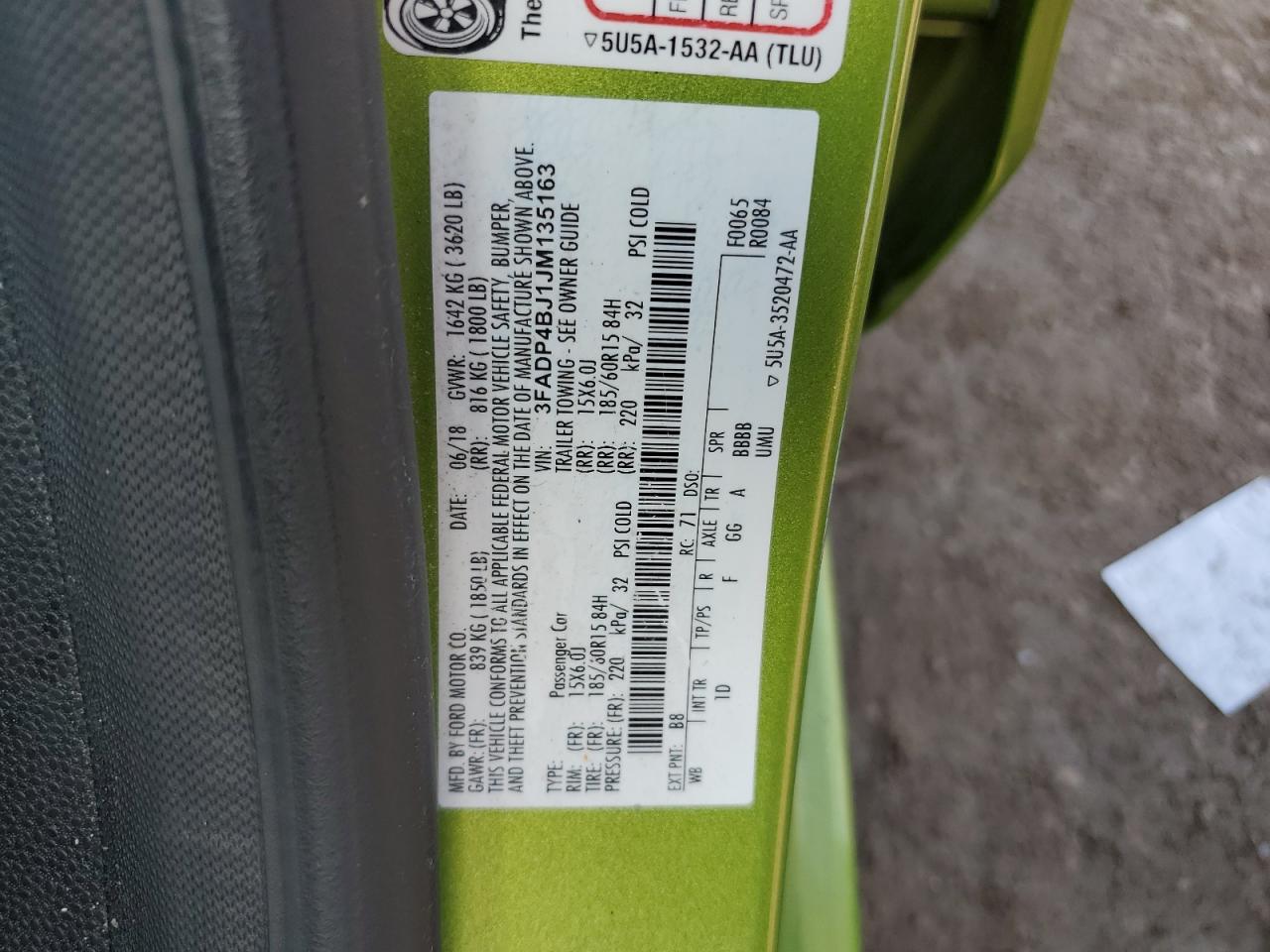 2018 Ford Fiesta Se VIN: 3FADP4BJ1JM135163 Lot: 84291015