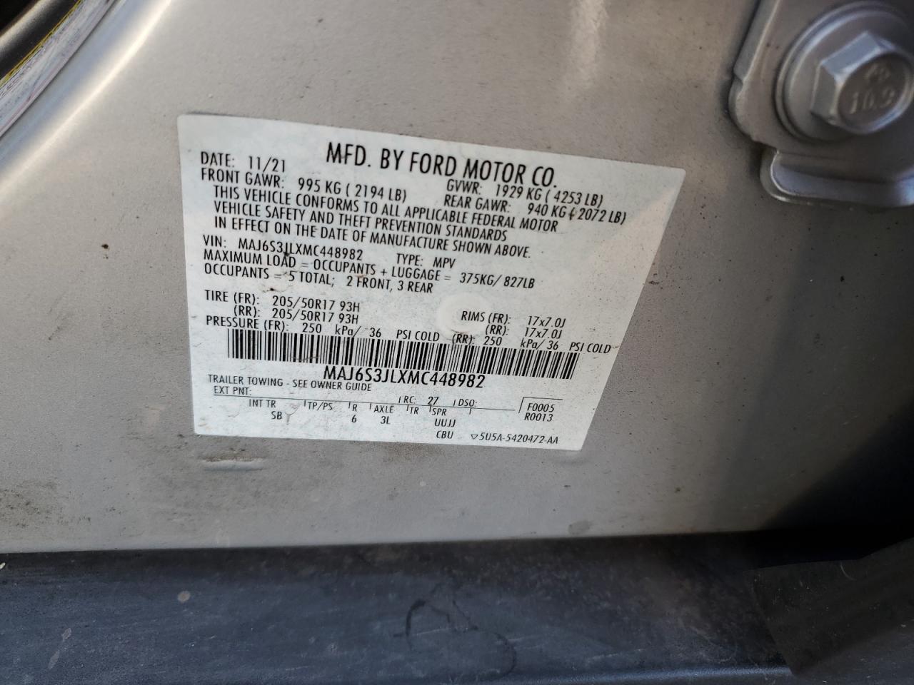 2021 Ford Ecosport Ses VIN: MAJ6S3JLXMC448982 Lot: 86126415