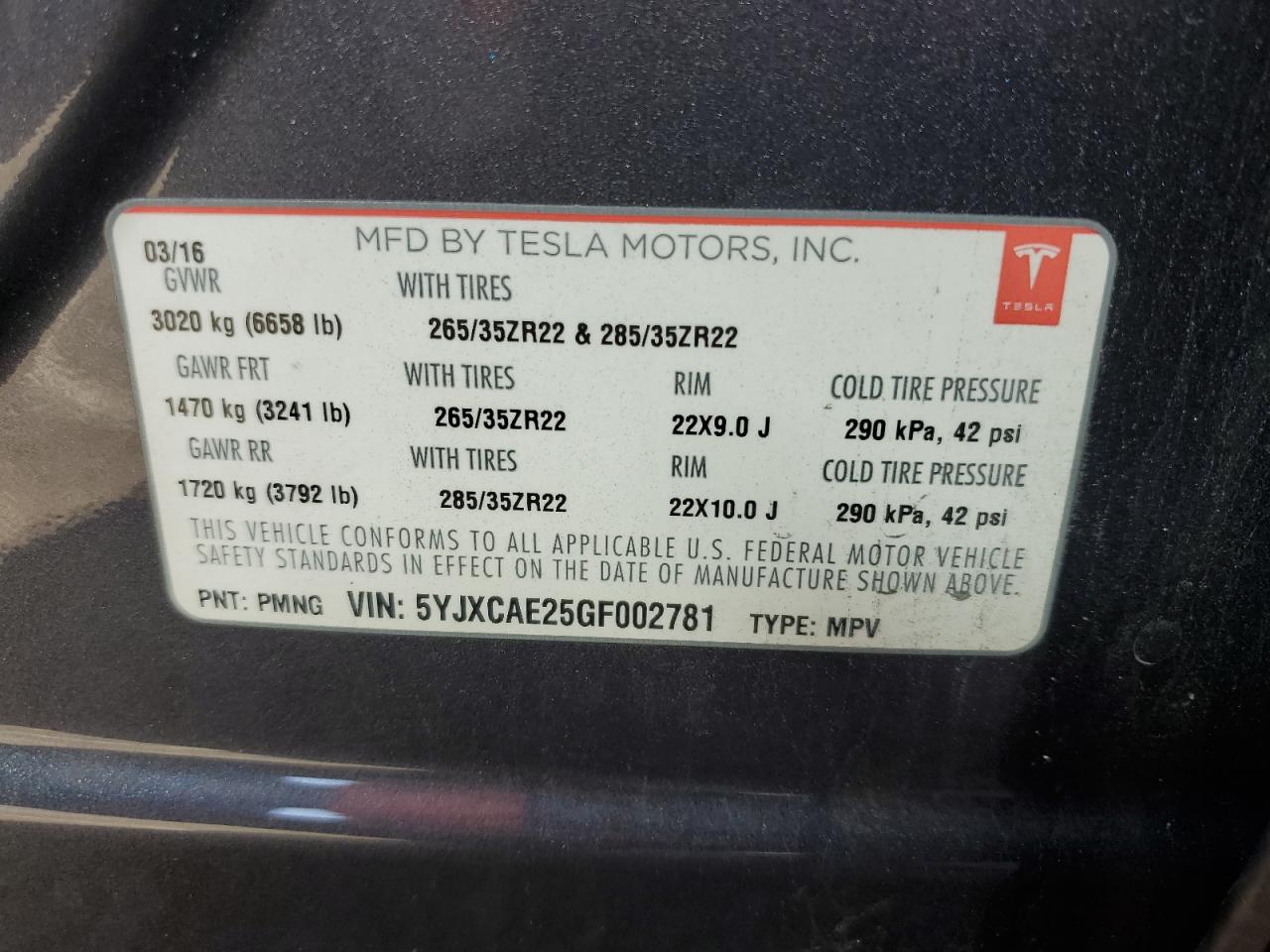 2016 Tesla Model X VIN: 5YJXCAE25GF002781 Lot: 85010765
